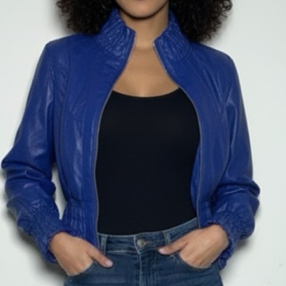 Dots Royal‎ Blue Faux leather Bomber Jacket Ruched Cropped Medium 80s 90s
